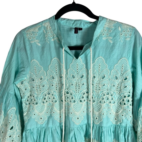 Ishin Women's Cotton Sea Green Schiffli Embroidered A-Line Dress Size Medium - Picture 2 of 7